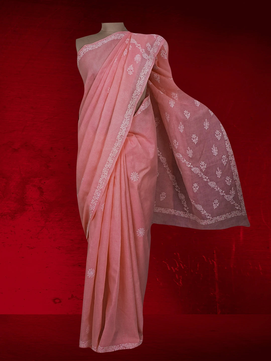 Ada Hand Embroidered Onion Pink Cotton Lucknowi Chikankari Saree With Blouse 01A542890