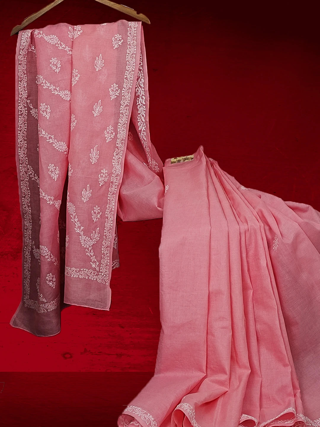 Ada Hand Embroidered Onion Pink Cotton Lucknowi Chikankari Saree With Blouse 01A542890