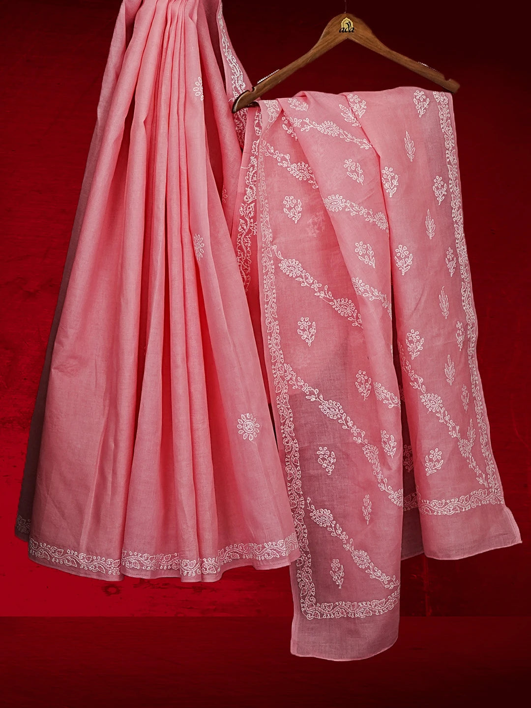 Ada Hand Embroidered Onion Pink Cotton Lucknowi Chikankari Saree With Blouse 01A542890