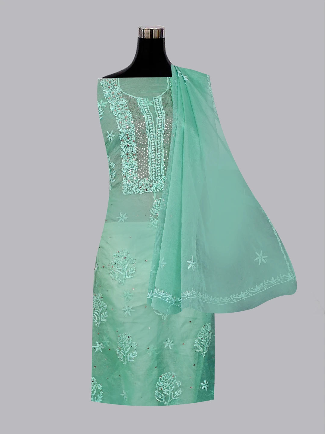 Ada Hand Embroidered Sea Green Organza Lucknowi Chikankari Unstitched Kurta Dupatta Set With Muqaish Work 01A542395