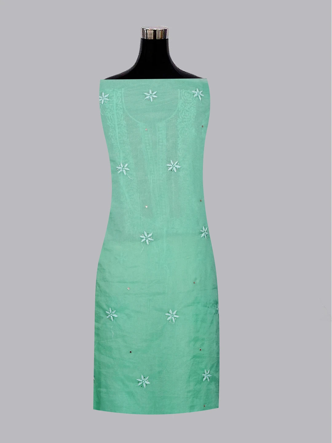 Ada Hand Embroidered Sea Green Organza Lucknowi Chikankari Unstitched Kurta Dupatta Set With Muqaish Work 01A542395