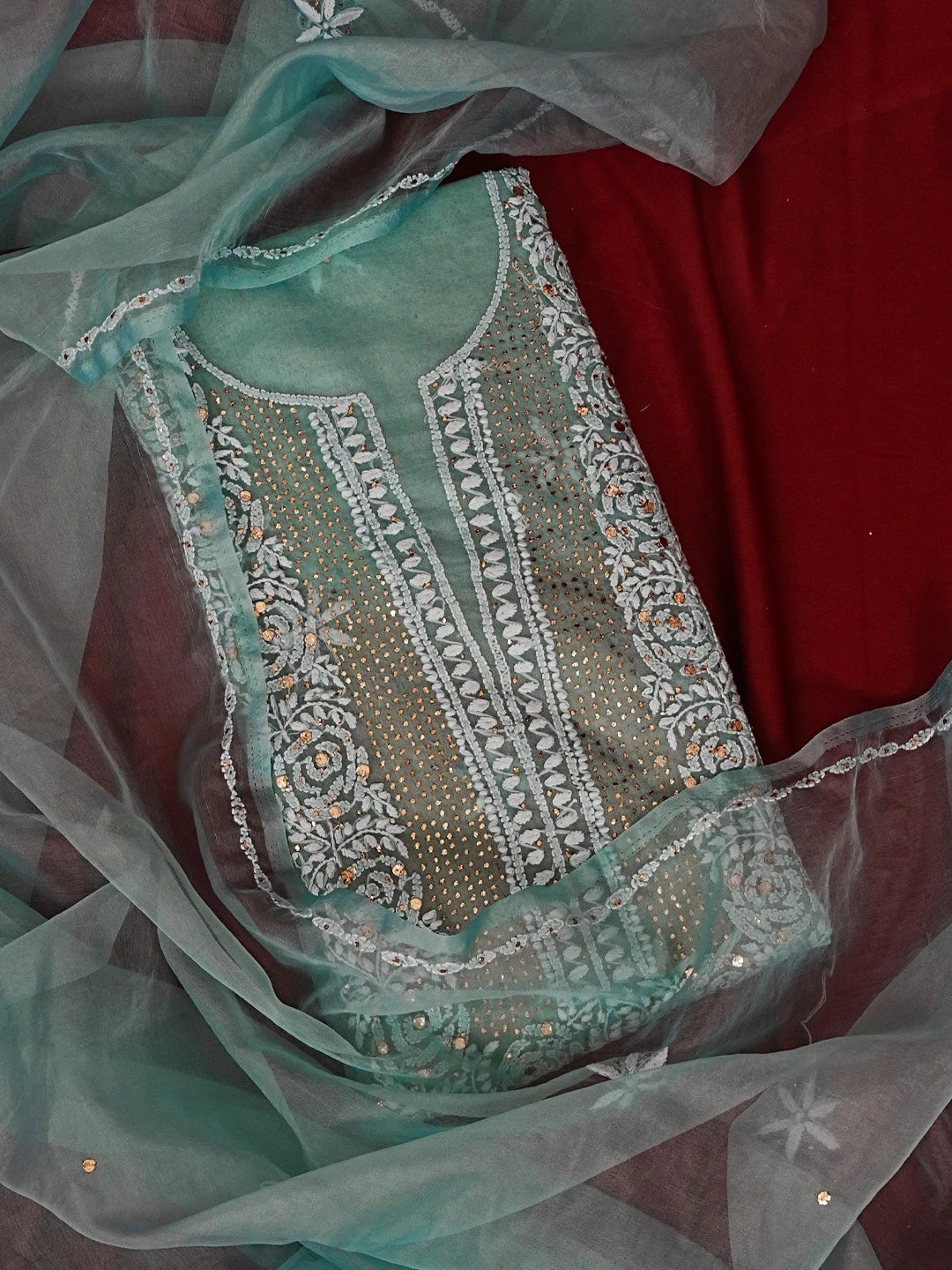 Ada Hand Embroidered Sea Green Organza Lucknowi Chikankari Unstitched Kurta Dupatta Set With Muqaish Work 01A542395