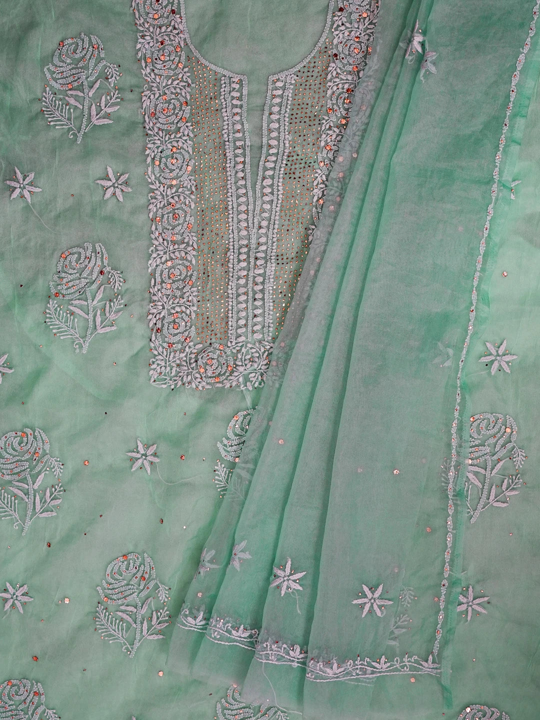Ada Hand Embroidered Sea Green Organza Lucknowi Chikankari Unstitched Kurta Dupatta Set With Muqaish Work 01A542395