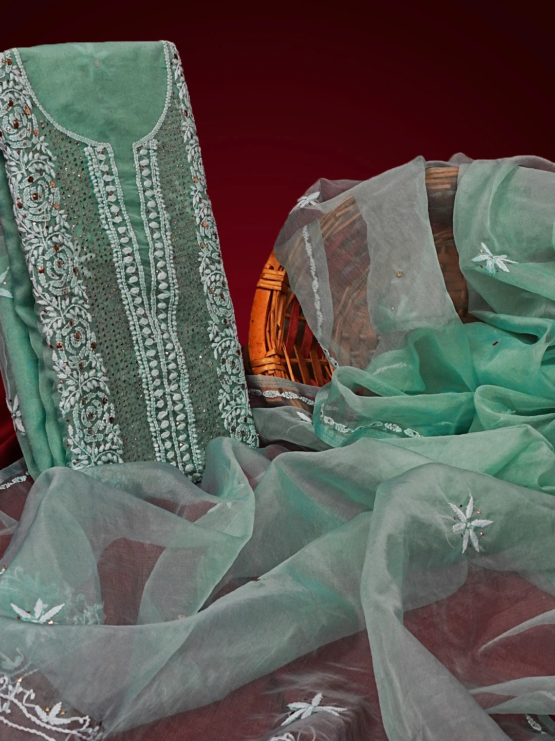 Ada Hand Embroidered Sea Green Organza Lucknowi Chikankari Unstitched Kurta Dupatta Set With Muqaish Work 01A542395