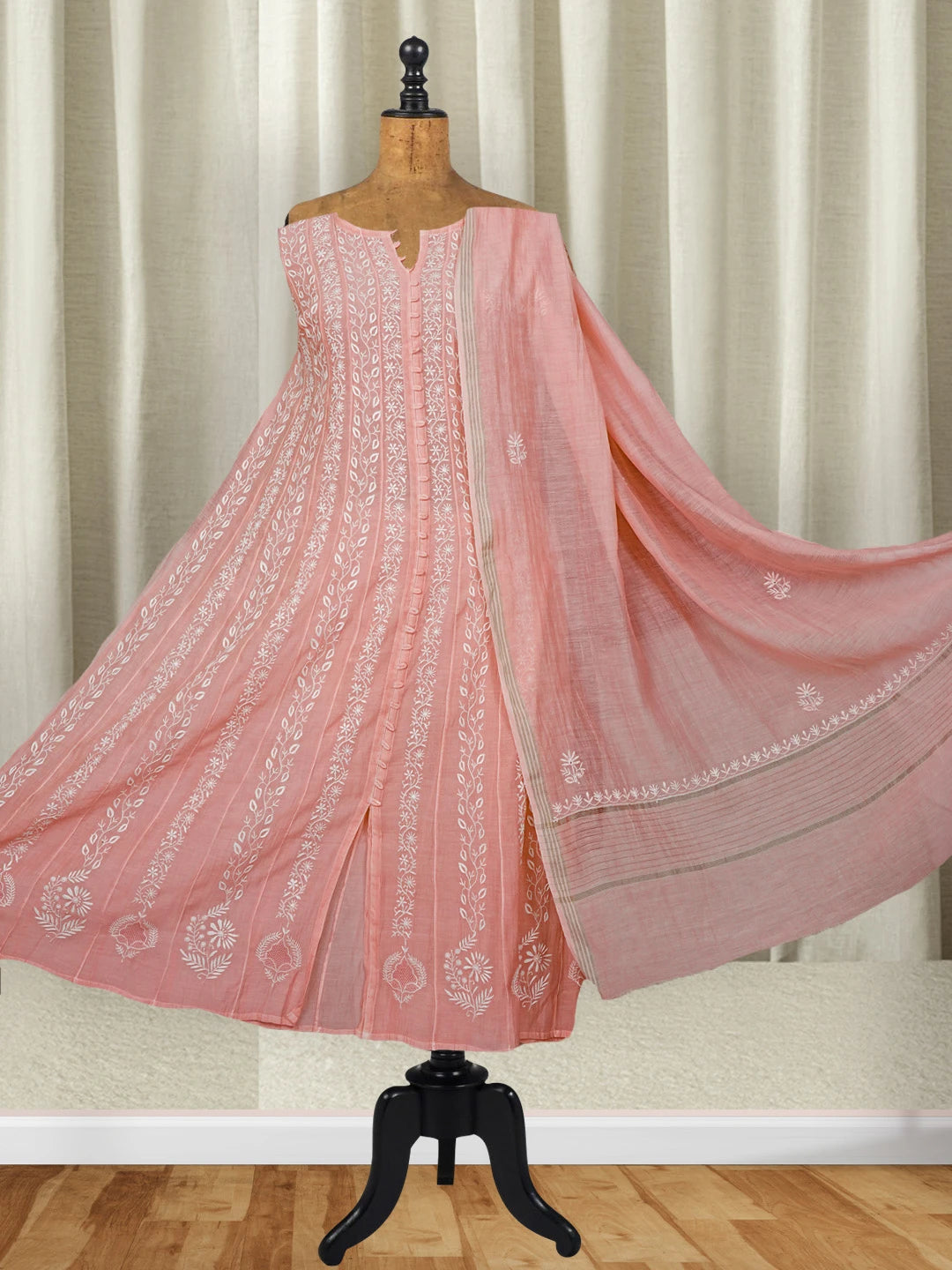 Ada Hand Embroidered Pink Chanderi Semi-Stitched Anarkali Kurta Dupatta Set 01A545410
