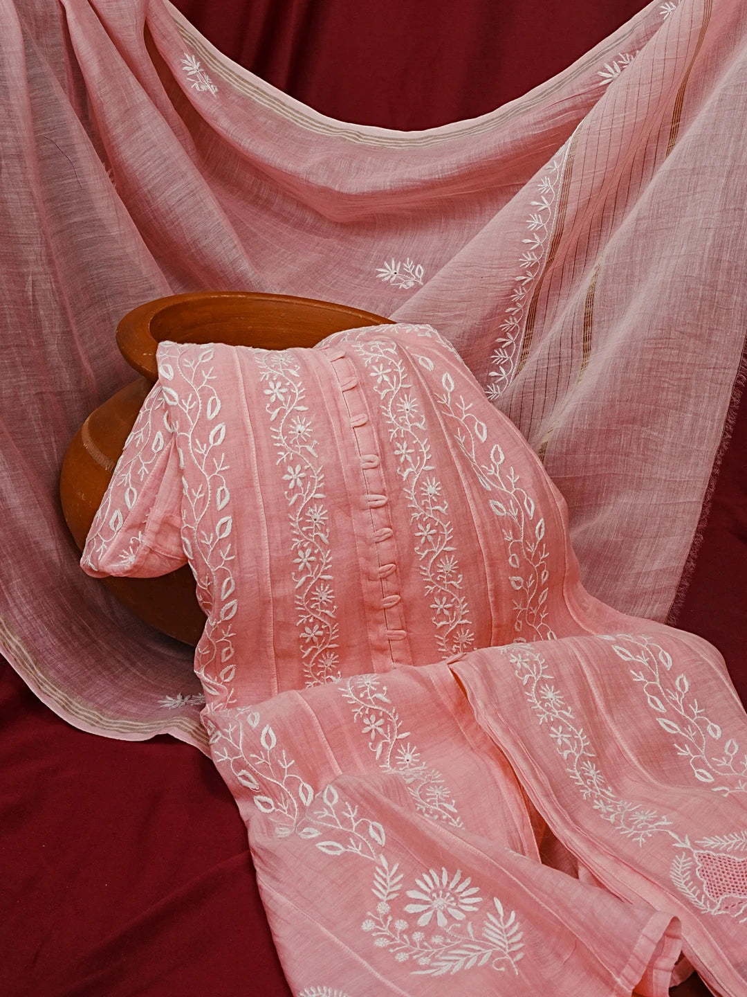 Ada Hand Embroidered Pink Chanderi Semi-Stitched Anarkali Kurta Dupatta Set 01A545410