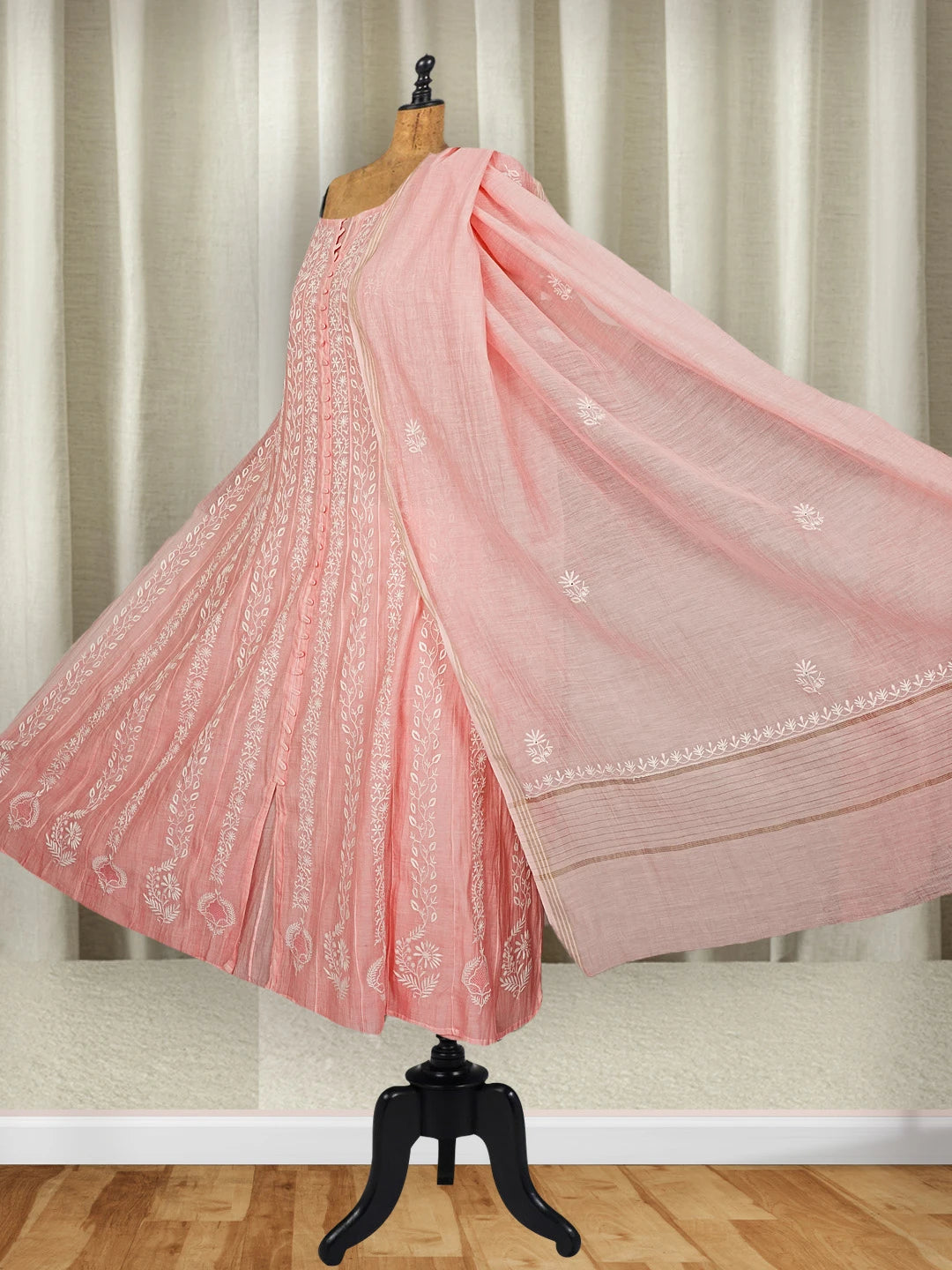 Ada Hand Embroidered Pink Chanderi Semi-Stitched Anarkali Kurta Dupatta Set 01A545410