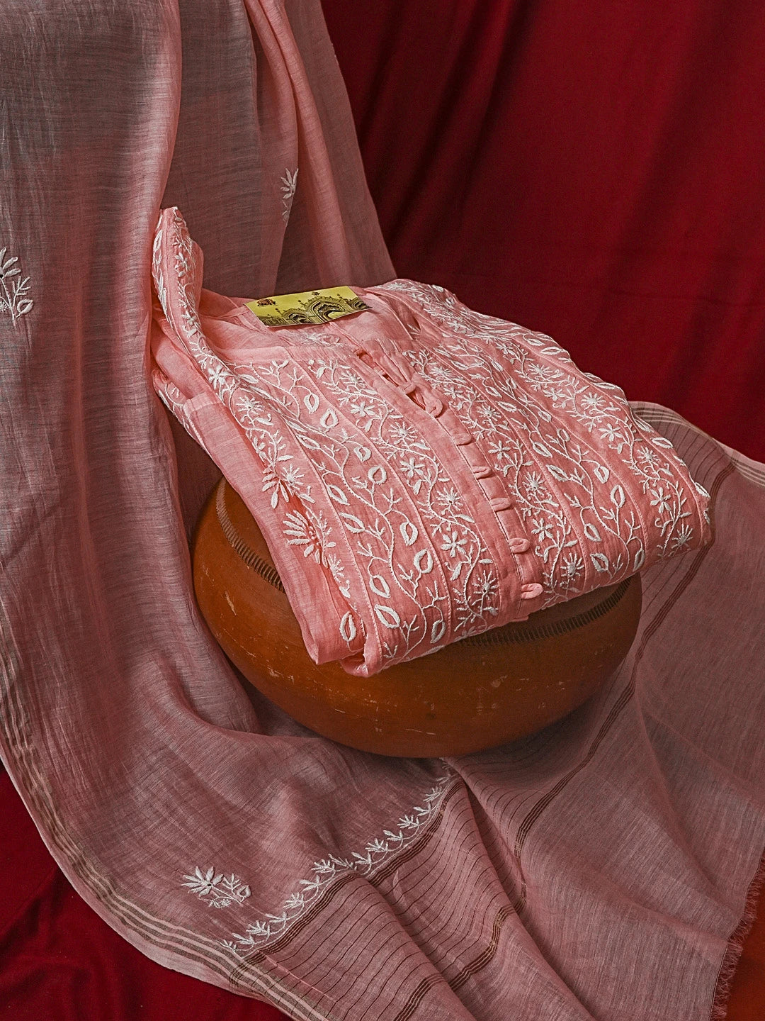 Ada Hand Embroidered Pink Chanderi Semi-Stitched Anarkali Kurta Dupatta Set 01A545410