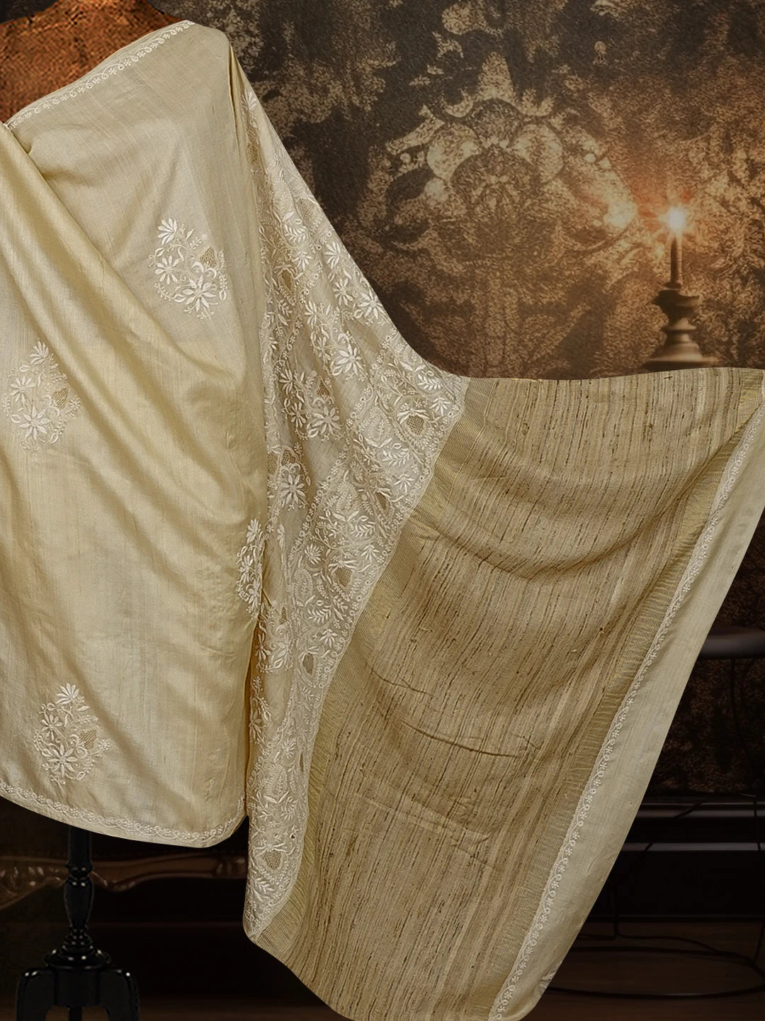 Ada Hand Embroidered Natural Fawn Silk Lucknowi Chikankari Saree With Blouse 01A545938