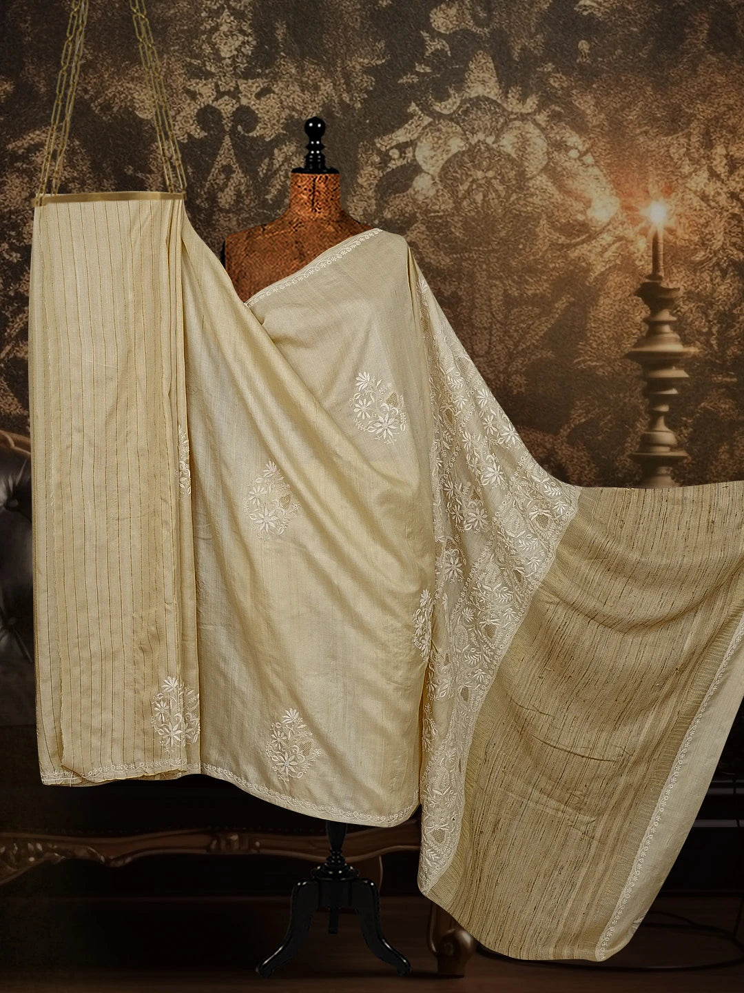 Ada Hand Embroidered Natural Fawn Silk Lucknowi Chikankari Saree With Blouse 01A545938