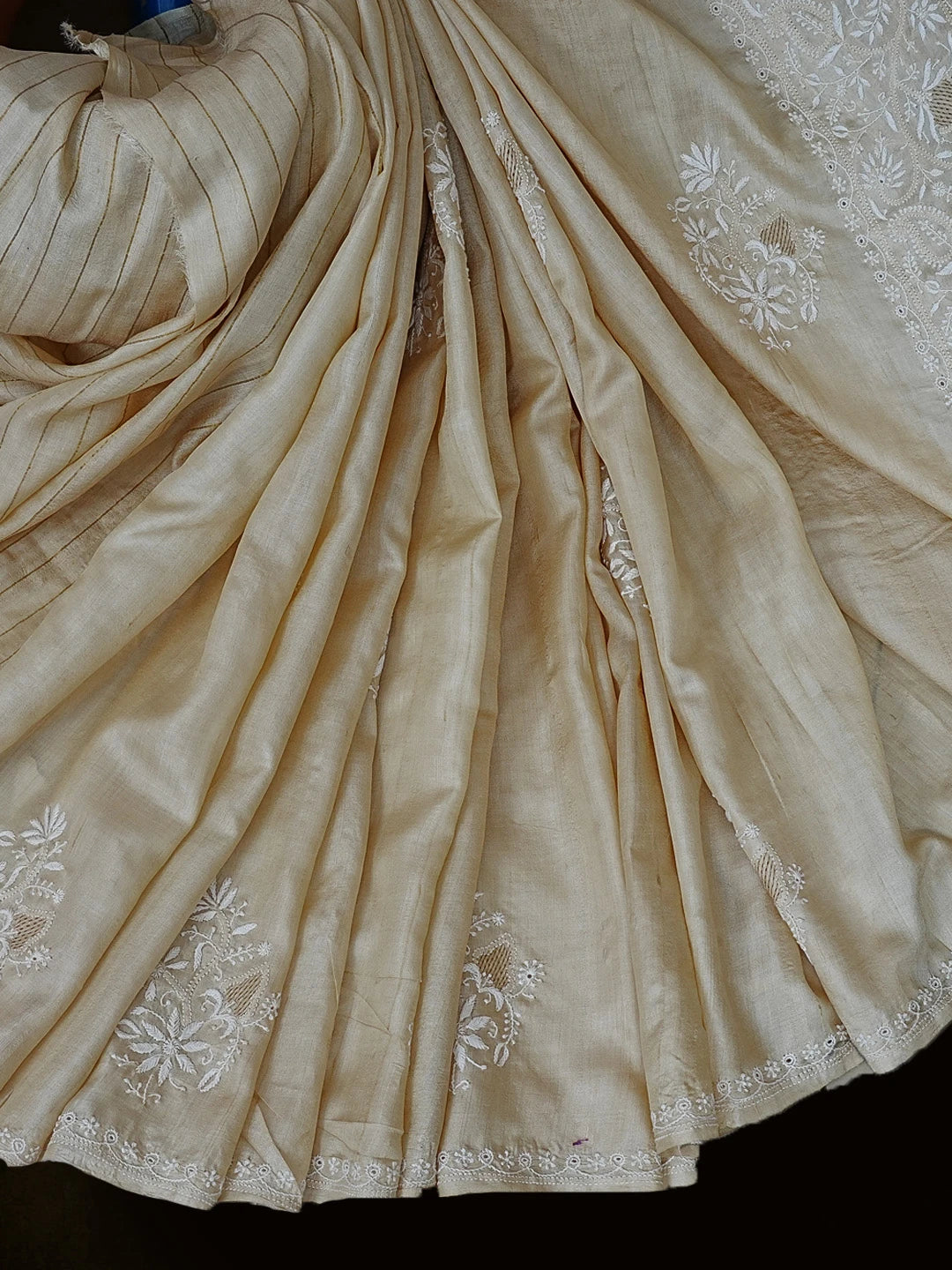 Ada Hand Embroidered Natural Fawn Silk Lucknowi Chikankari Saree With Blouse 01A545938