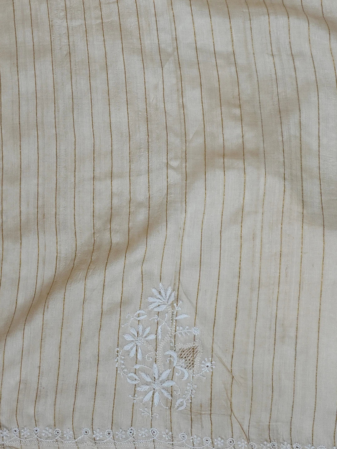 Ada Hand Embroidered Natural Fawn Silk Lucknowi Chikankari Saree With Blouse 01A545938
