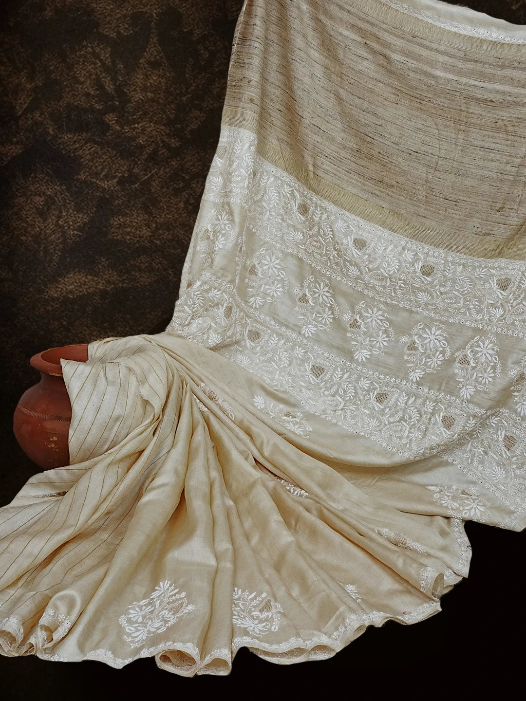 Ada Hand Embroidered Natural Fawn Silk Lucknowi Chikankari Saree With Blouse 01A545938