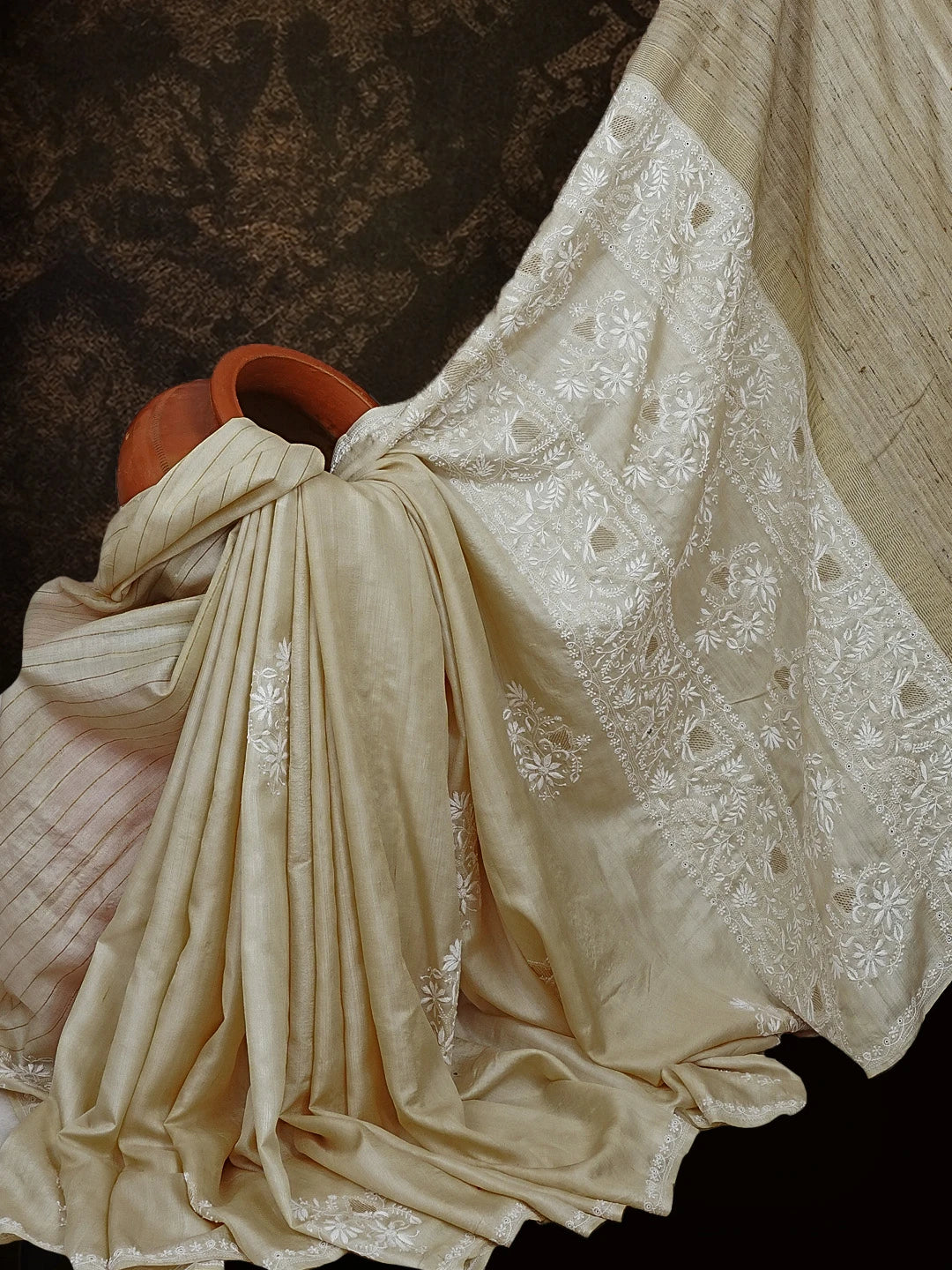 Ada Hand Embroidered Natural Fawn Silk Lucknowi Chikankari Saree With Blouse 01A545938