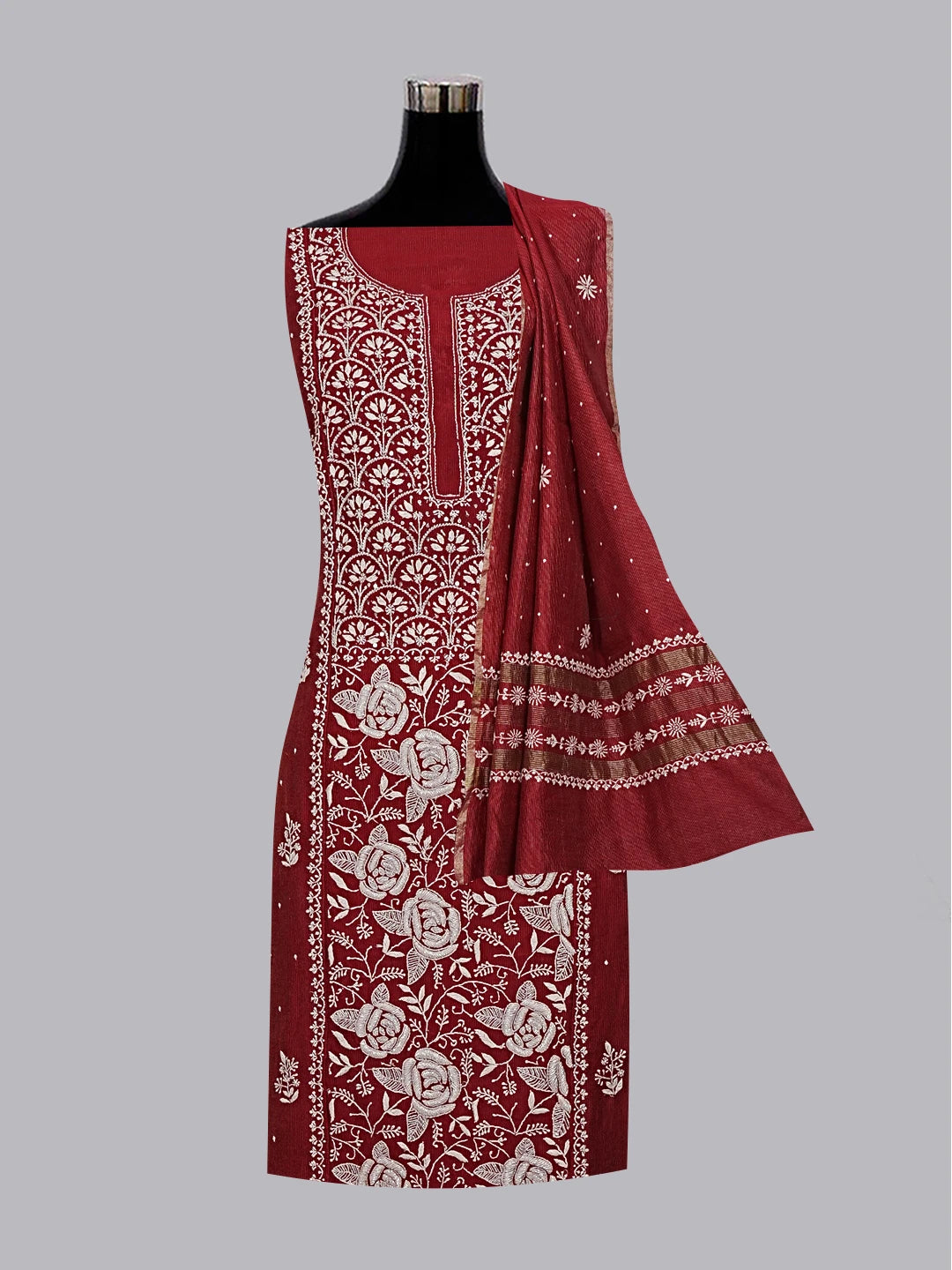 Ada Hand Embroidered Maroon Tissue Chikankari Unstitched Kurta Dupatta Set With Cutdana Work 01A310091
