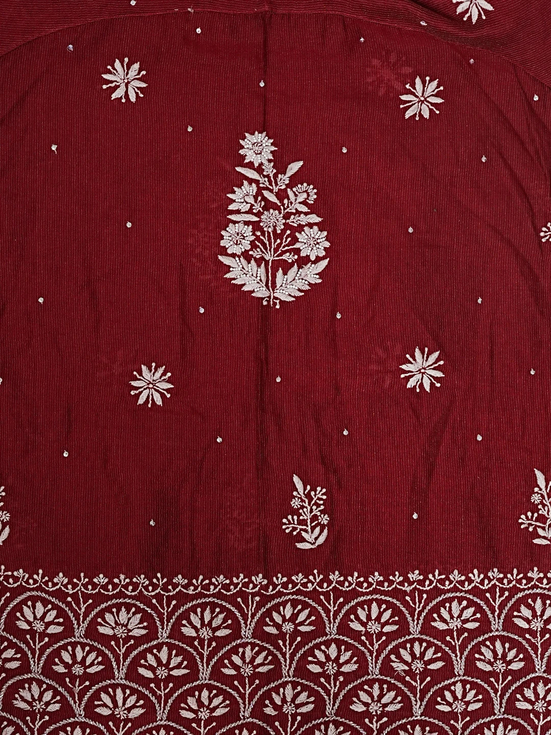 Ada Hand Embroidered Maroon Tissue Chikankari Unstitched Kurta Dupatta Set With Cutdana Work 01A310091