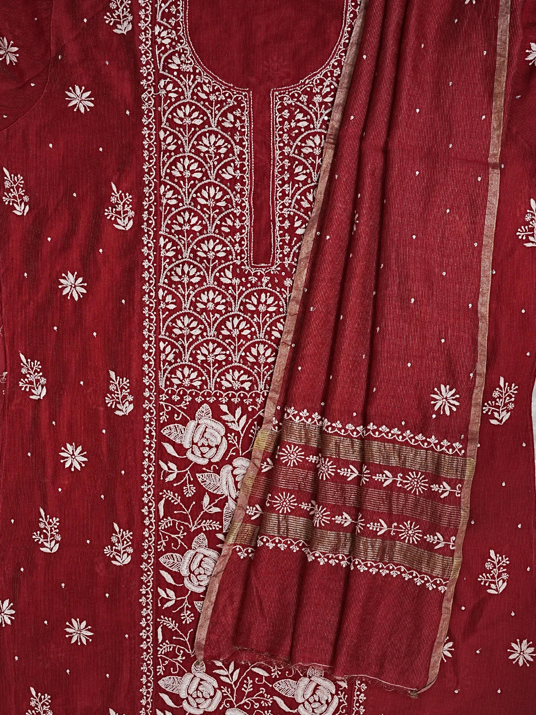 Ada Hand Embroidered Maroon Tissue Chikankari Unstitched Kurta Dupatta Set With Cutdana Work 01A310091