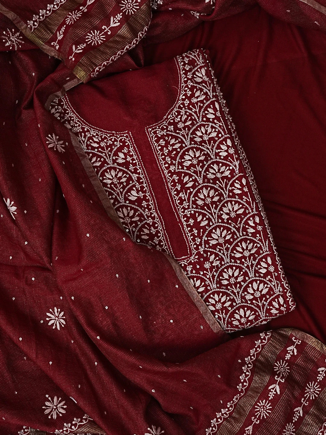 Ada Hand Embroidered Maroon Tissue Chikankari Unstitched Kurta Dupatta Set With Cutdana Work 01A310091