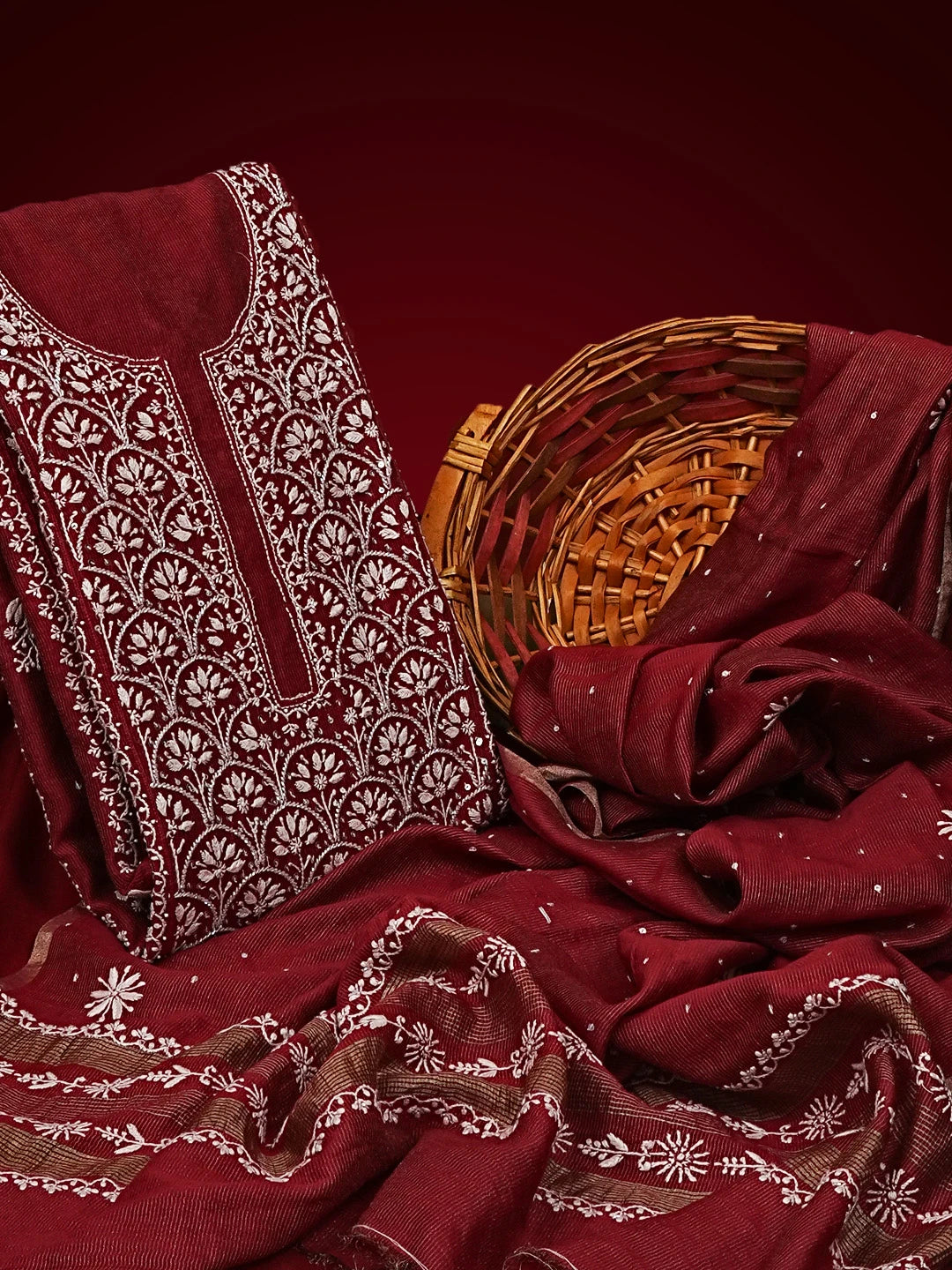 Ada Hand Embroidered Maroon Tissue Chikankari Unstitched Kurta Dupatta Set With Cutdana Work 01A310091