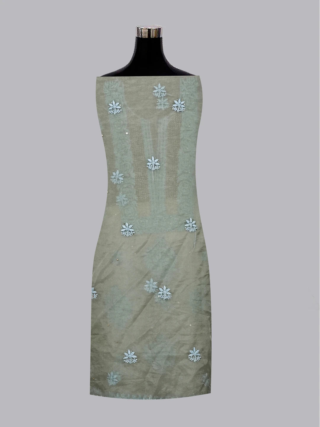 Ada Hand Embroidered Cement Grey Organza Lucknowi Chikankari Unstitched Kurta Dupatta Set With Muqaish Work 01A542392