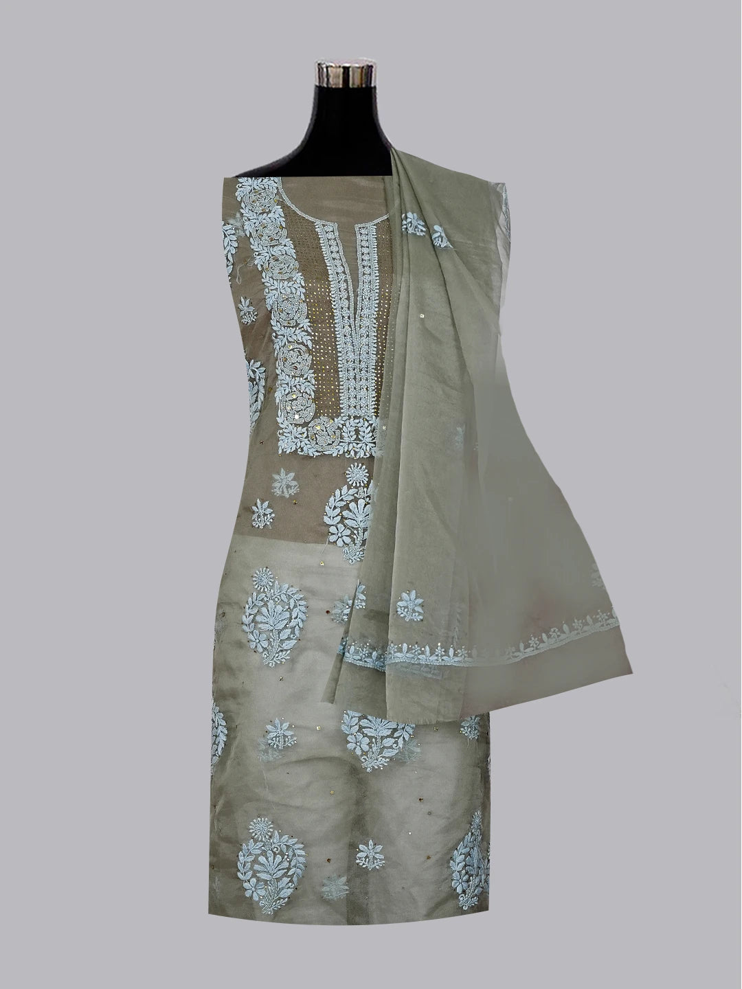 Ada Hand Embroidered Cement Grey Organza Lucknowi Chikankari Unstitched Kurta Dupatta Set With Muqaish Work 01A542392