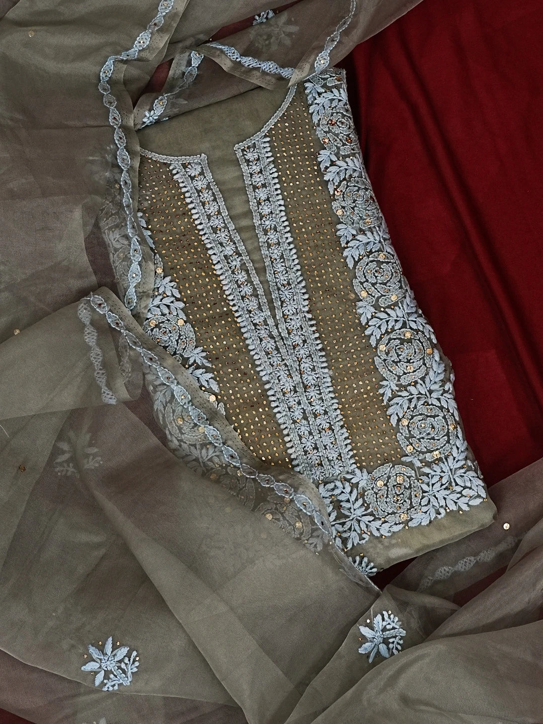 Ada Hand Embroidered Cement Grey Organza Lucknowi Chikankari Unstitched Kurta Dupatta Set With Muqaish Work 01A542392