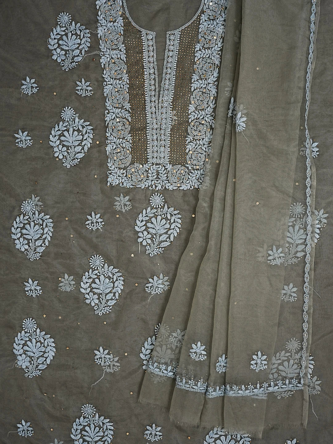 Ada Hand Embroidered Cement Grey Organza Lucknowi Chikankari Unstitched Kurta Dupatta Set With Muqaish Work 01A542392