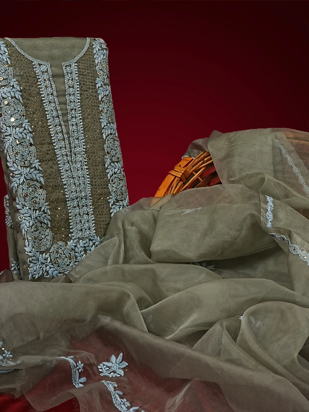 Ada Hand Embroidered Cement Grey Organza Lucknowi Chikankari Unstitched Kurta Dupatta Set With Muqaish Work 01A542392