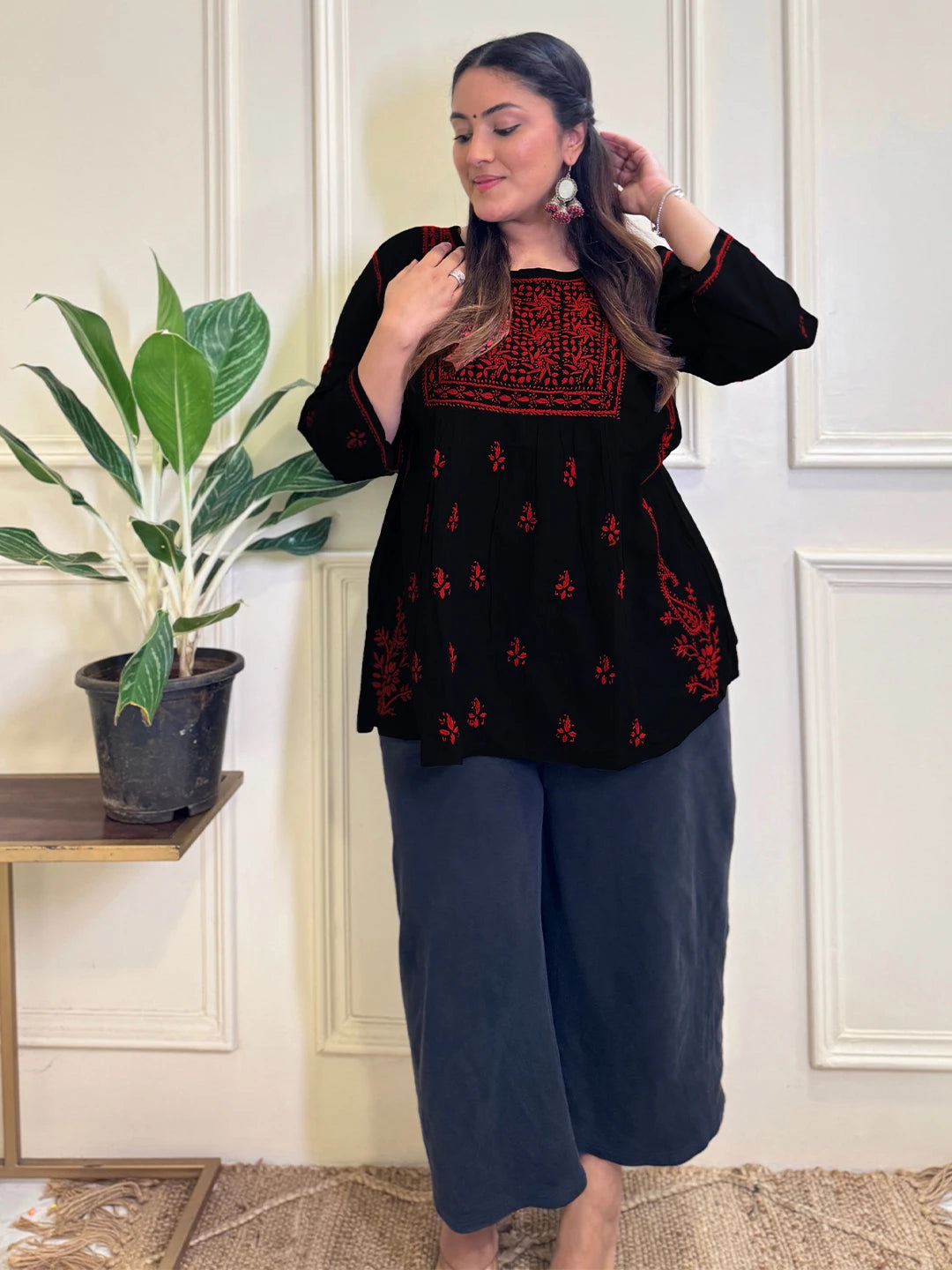 Ada Hand Embroidered Black Cotton Lucknowi Chikankari Short Kurti A911168