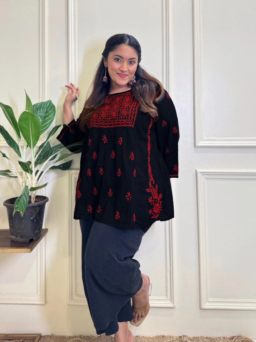 Ada Hand Embroidered Black Cotton Lucknowi Chikankari Short Kurti A911168