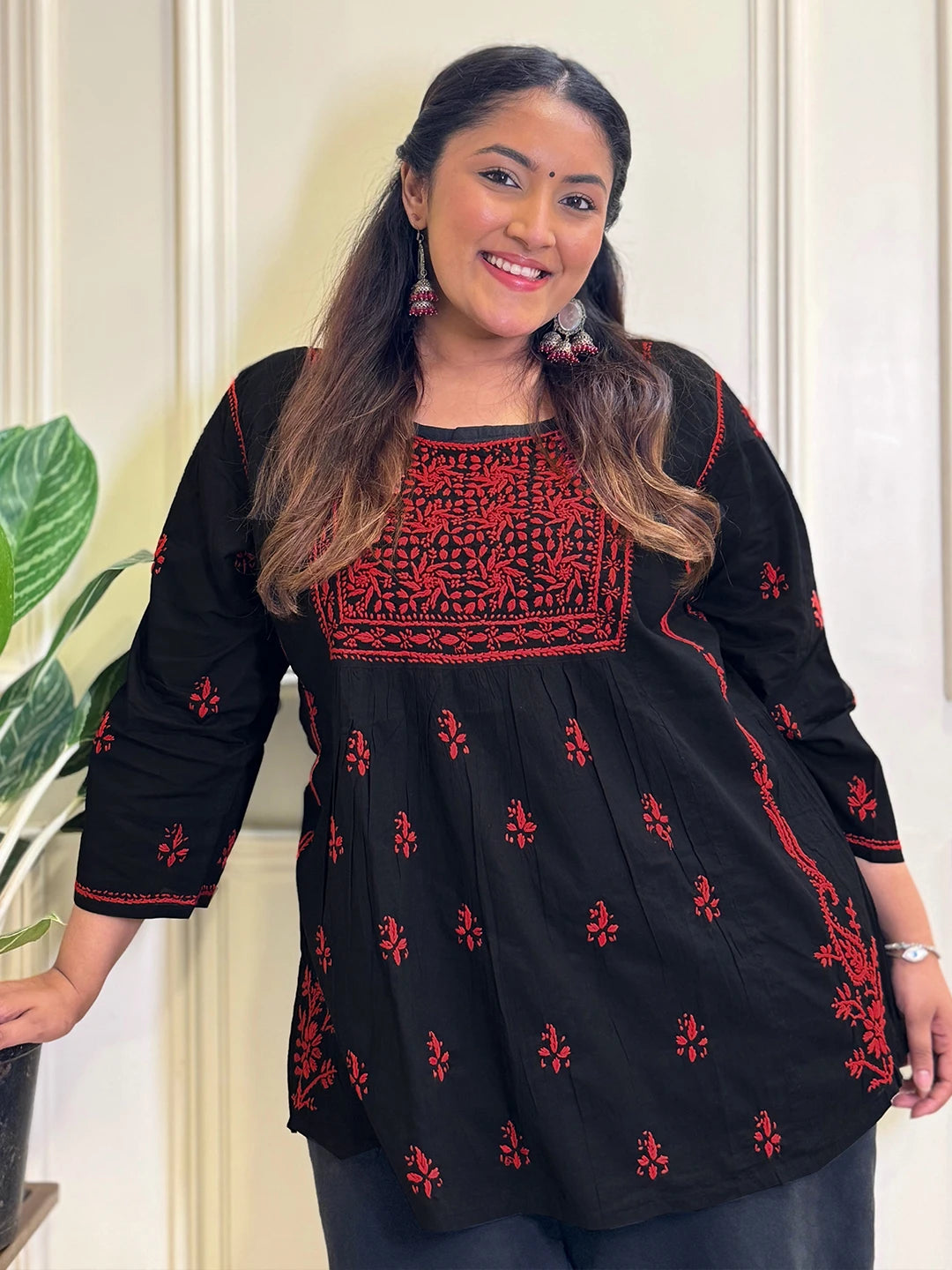 Ada Hand Embroidered Black Cotton Lucknowi Chikankari Short Kurti A911168