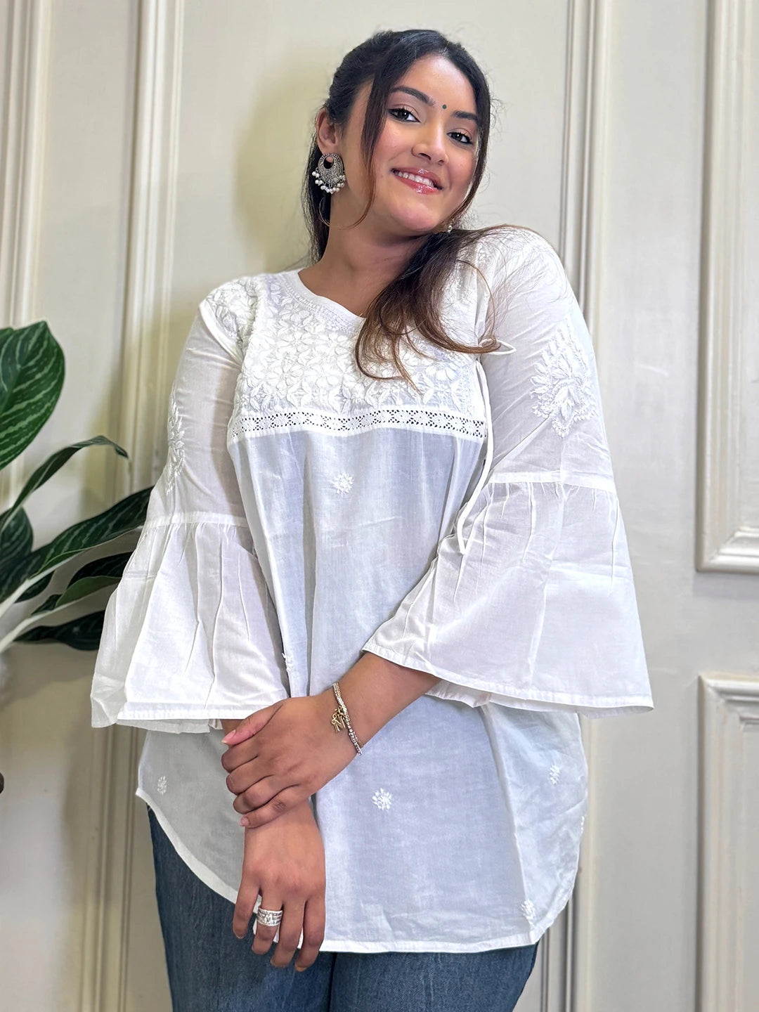 Ada Hand Embroidered White Cotton Angrakha Lucknowi Chikankari Top A911210