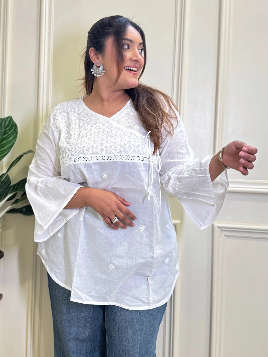 Ada Hand Embroidered White Cotton Angrakha Lucknowi Chikankari Top A911210