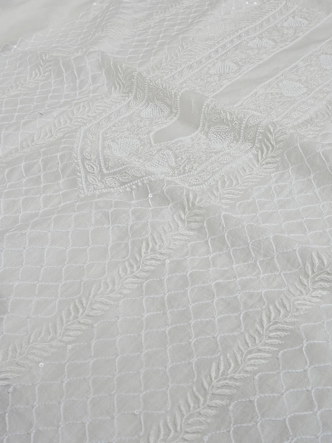 Ada Hand Embroidered Off White Chanderi Lucknowi Chikankari Unstitched Men's Kurta Piece With Pearl Work 01A543403