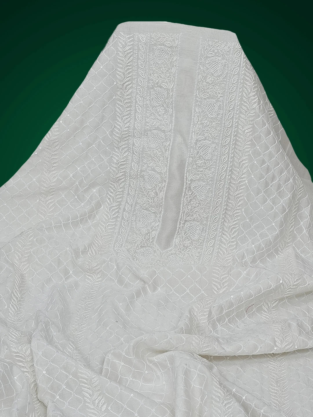 Ada Hand Embroidered Off White Chanderi Lucknowi Chikankari Unstitched Men's Kurta Piece With Pearl Work 01A543403