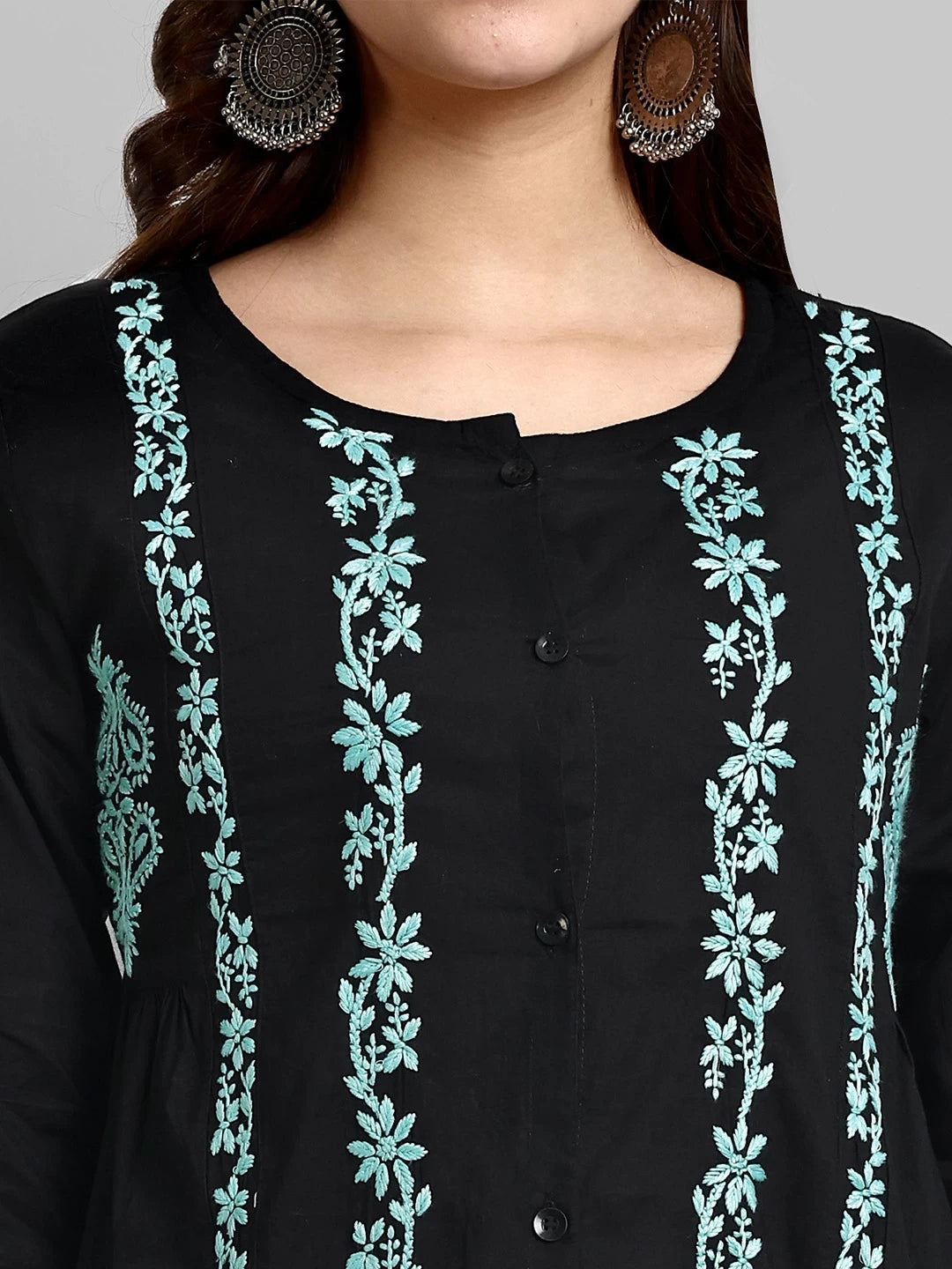 Ada Hand Embroidered Black And Green Cotton Lucknowi Chikankari Short Kurti A911373
