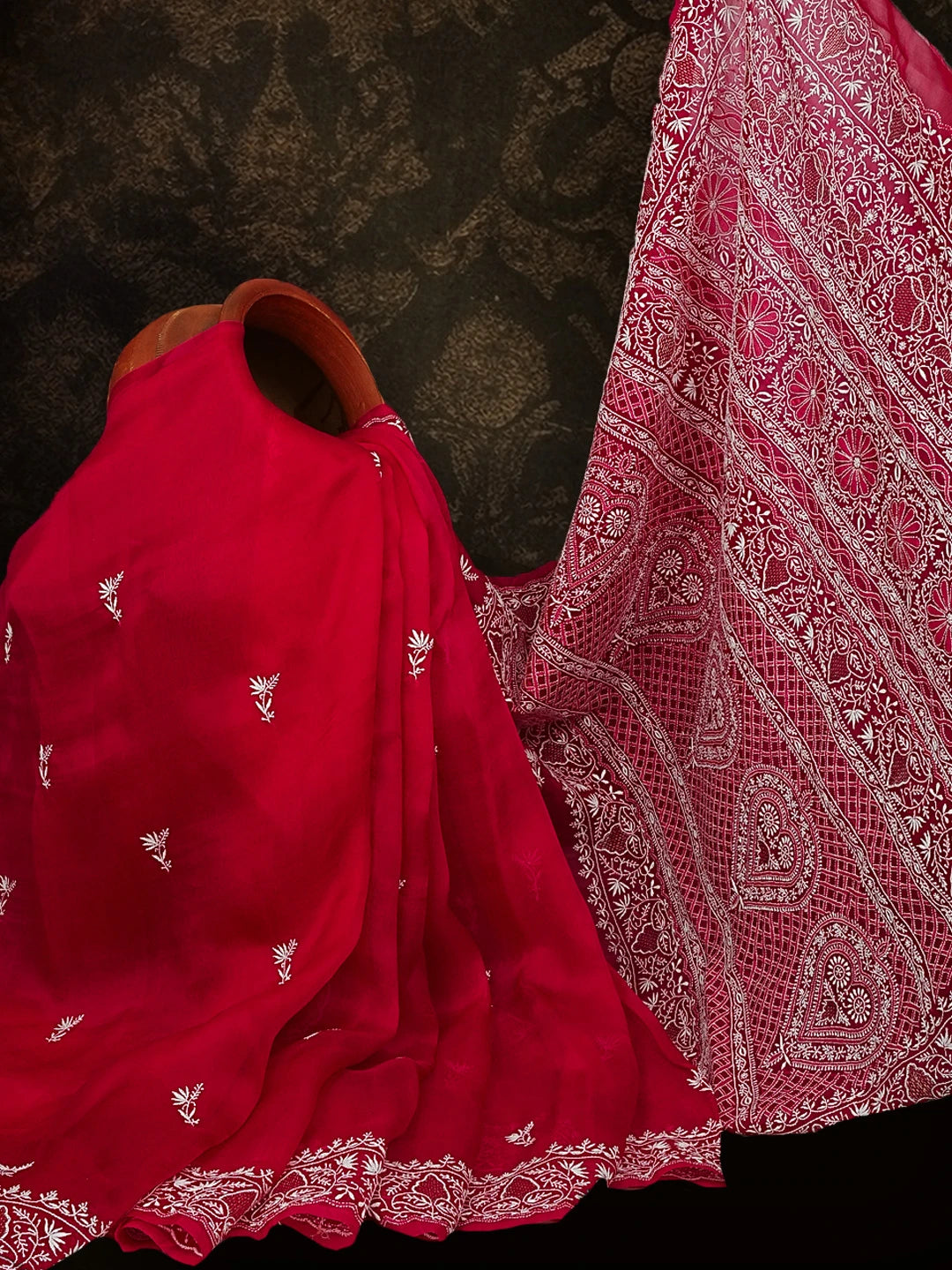 Ada Hand Embroidered Magenta Organza Lucknowi Chikankari Saree and Blouse With Zari Work 01A548904