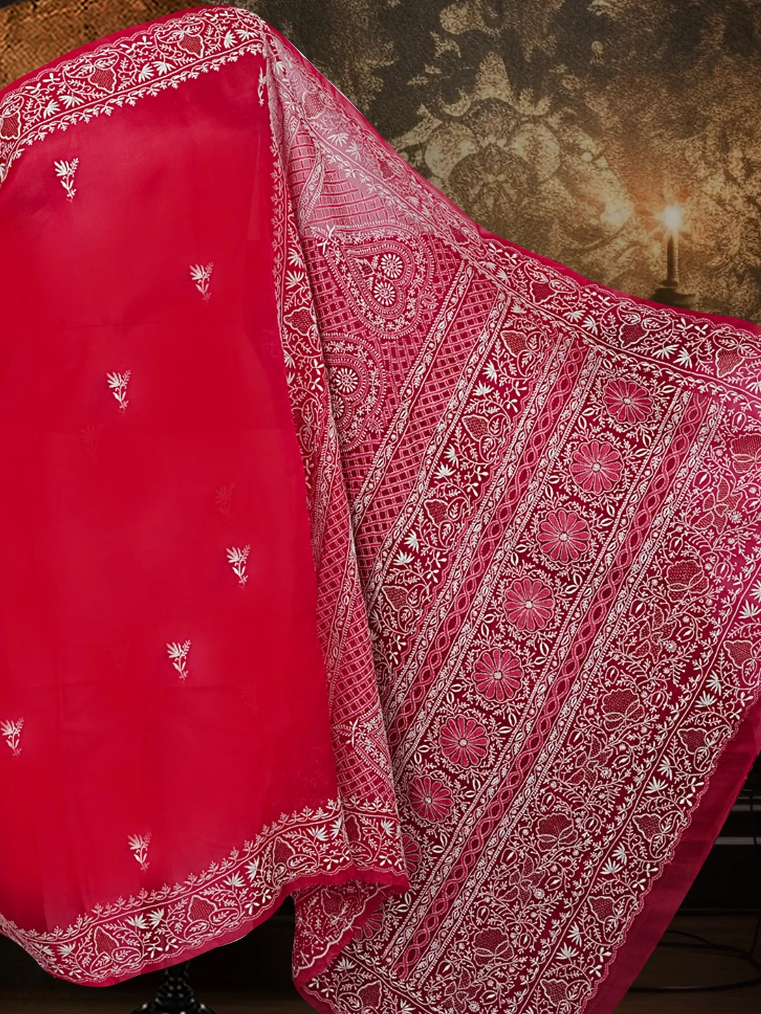 Ada Hand Embroidered Magenta Organza Lucknowi Chikankari Saree and Blouse With Zari Work 01A548904