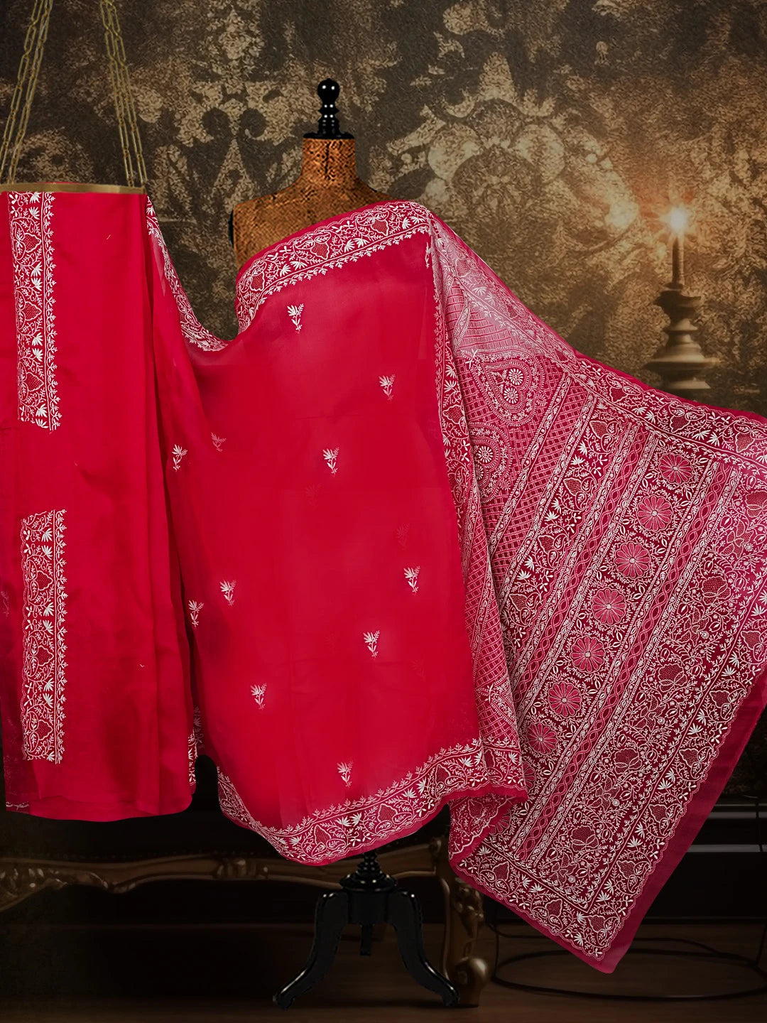 Ada Hand Embroidered Magenta Organza Lucknowi Chikankari Saree and Blouse With Zari Work 01A548904