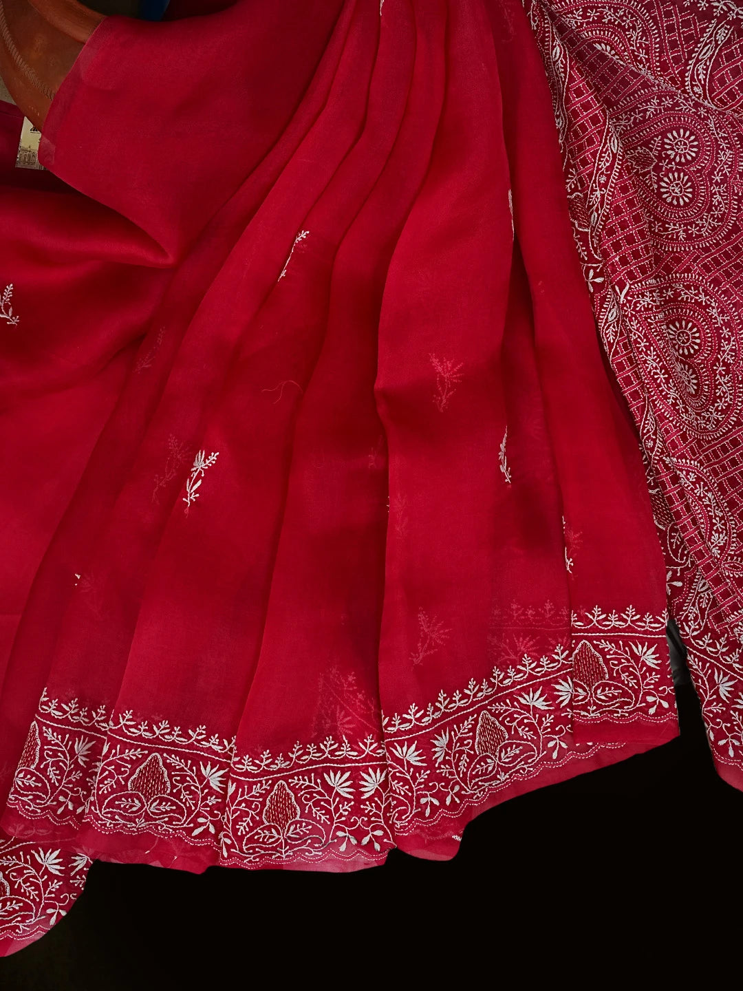 Ada Hand Embroidered Magenta Organza Lucknowi Chikankari Saree and Blouse With Zari Work 01A548904