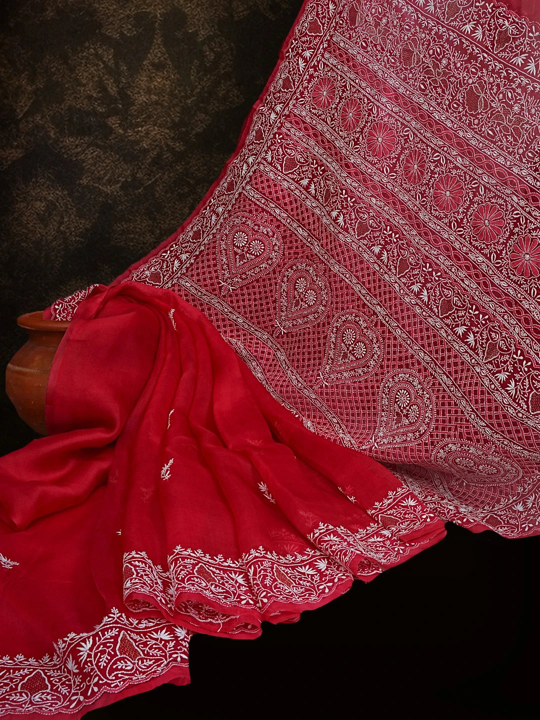 Ada Hand Embroidered Magenta Organza Lucknowi Chikankari Saree and Blouse With Zari Work 01A548904