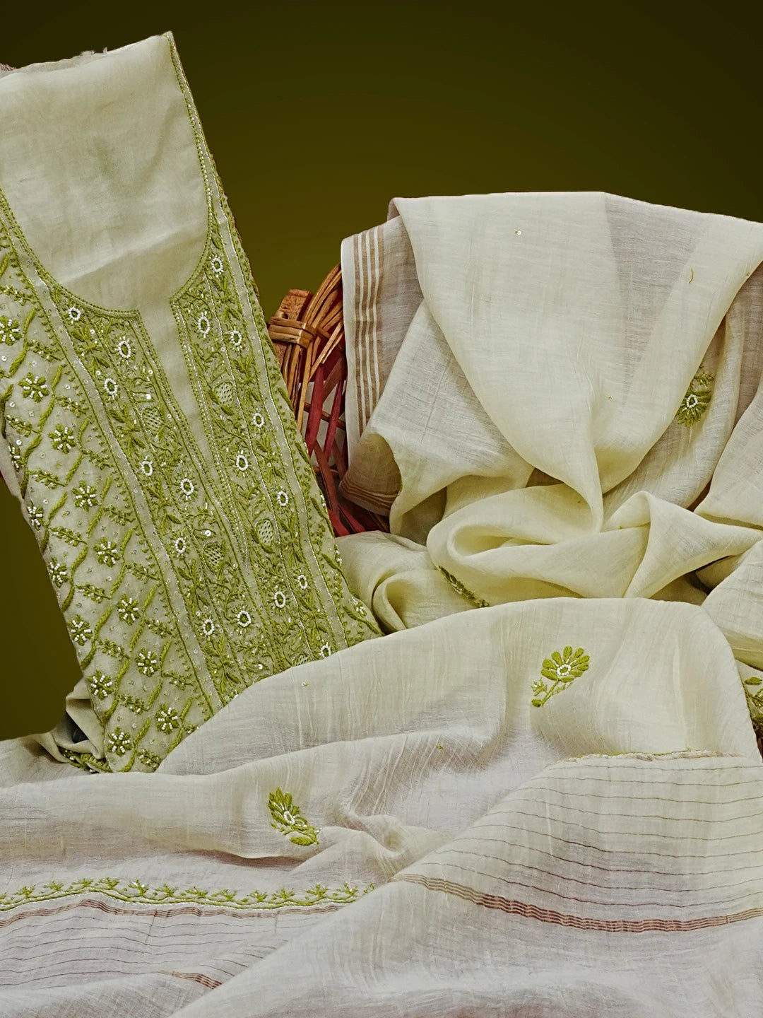 Ada Hand Embroidered Moss Green Chanderi Lucknowi Chikankari Unstitched Kurta Dupatta Set With Cutdana Work 01A537624