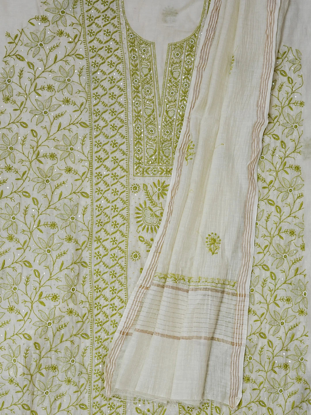 Ada Hand Embroidered Moss Green Chanderi Lucknowi Chikankari Unstitched Kurta Dupatta Set With Cutdana Work 01A537624
