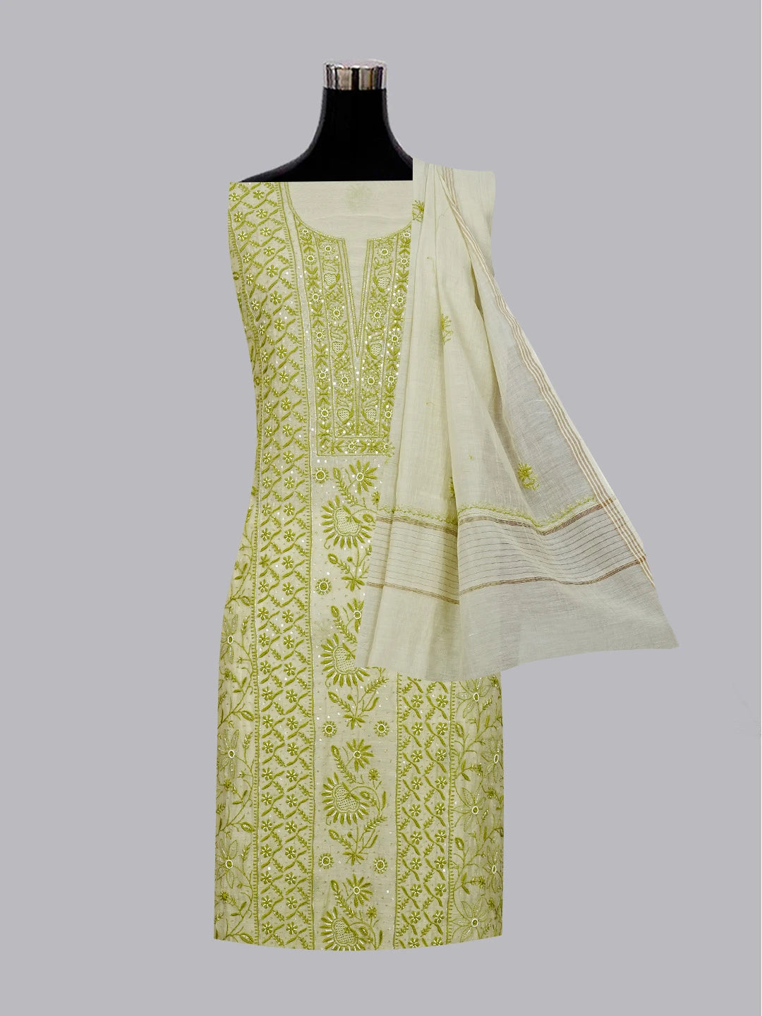 Ada Hand Embroidered Moss Green Chanderi Lucknowi Chikankari Unstitched Kurta Dupatta Set With Cutdana Work 01A537624