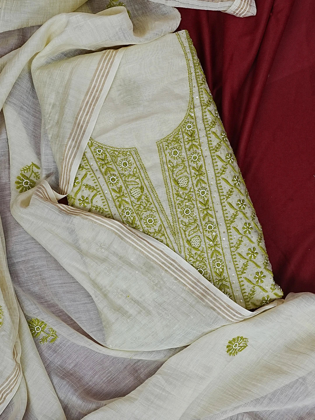 Ada Hand Embroidered Moss Green Chanderi Lucknowi Chikankari Unstitched Kurta Dupatta Set With Cutdana Work 01A537624