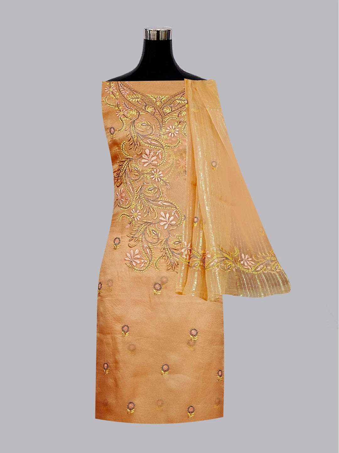 Ada Hand Embroidered Dusty Peach Organza Lucknowi Chikankari Unstitched Kurta Dupatta Set 01A545878