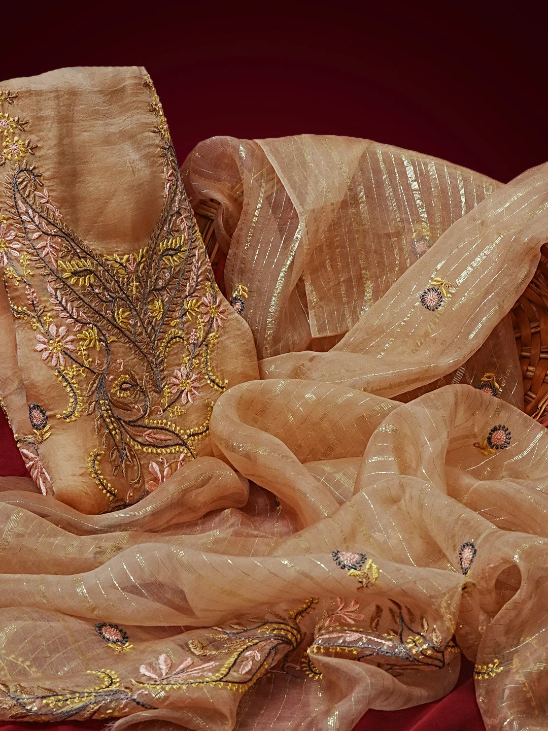Ada Hand Embroidered Dusty Peach Organza Lucknowi Chikankari Unstitched Kurta Dupatta Set 01A545878