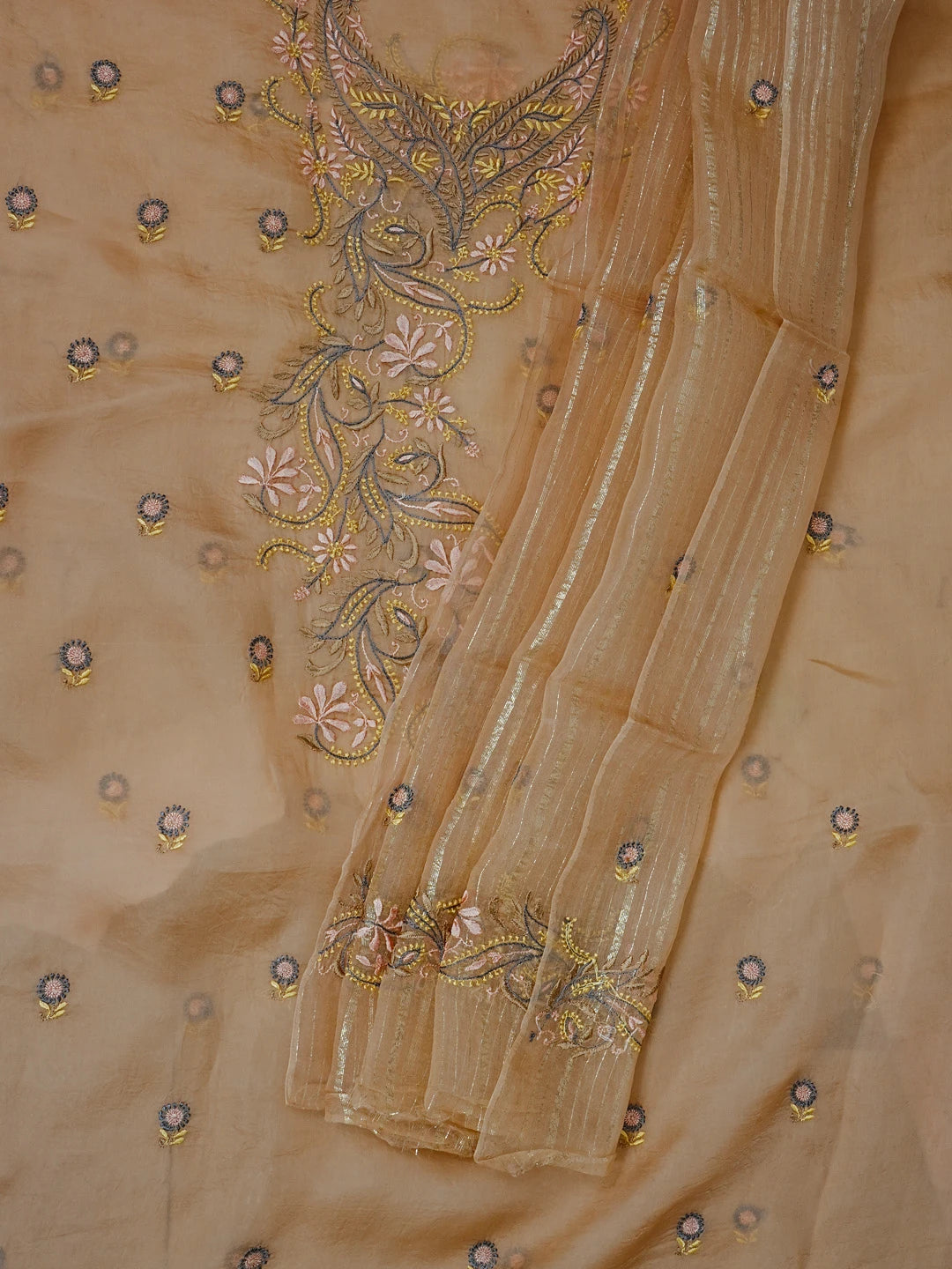 Ada Hand Embroidered Dusty Peach Organza Lucknowi Chikankari Unstitched Kurta Dupatta Set 01A545878
