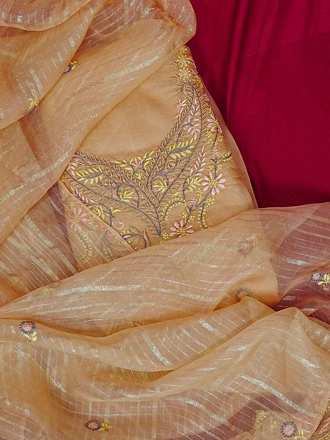 Ada Hand Embroidered Dusty Peach Organza Lucknowi Chikankari Unstitched Kurta Dupatta Set 01A545878