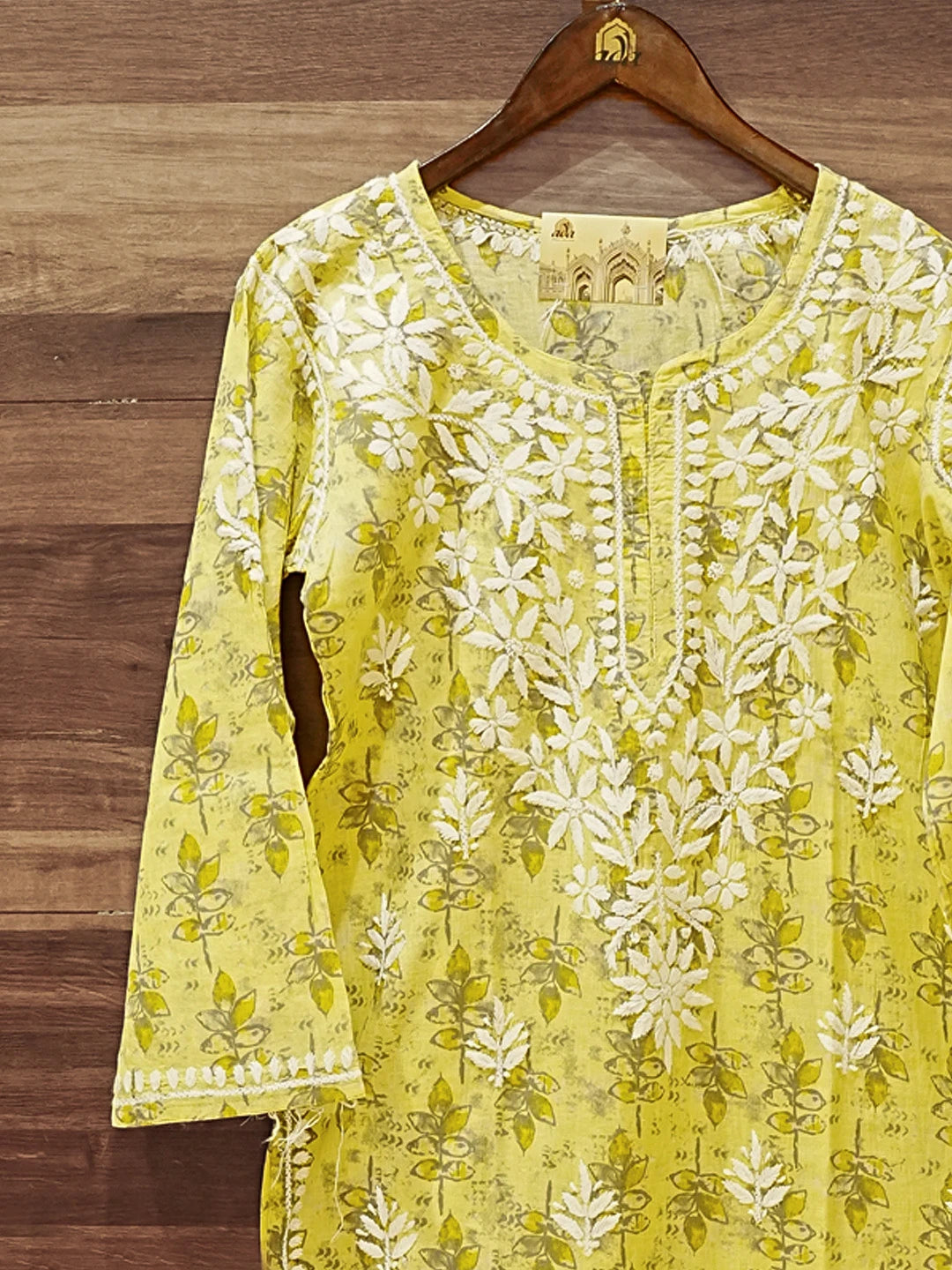 Ada Hand Embroidered Yellow Cotton Lucknowi Chikankari Straight Kurta A411578